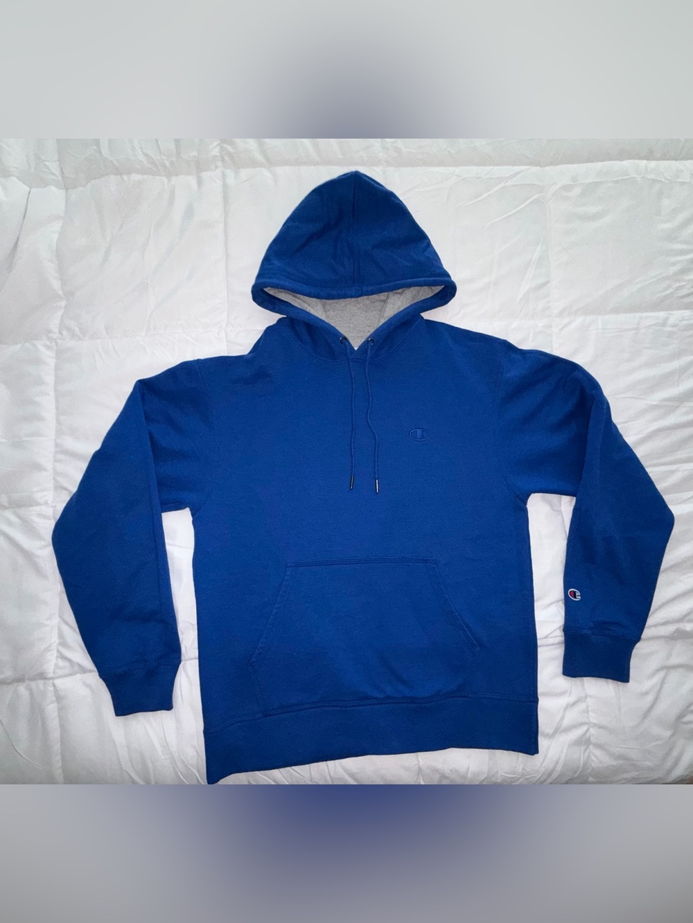 Champion M hoodie pouch pocket drawstring royal blue logo patch ribbed